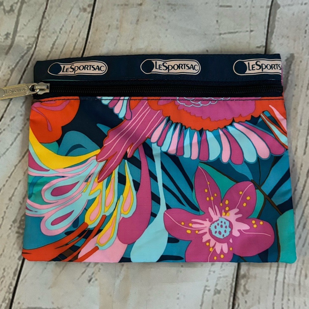 LeSportsac Pouch Cosmetic Bag Tropical Toucan Floral Print Boca Chica Bright